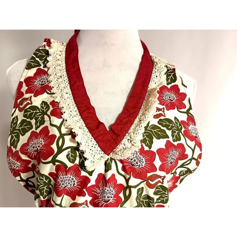 Simply Envogue‎ Red Floral & Polka Dot Apron Lace Trim Cottagecore Grannycore